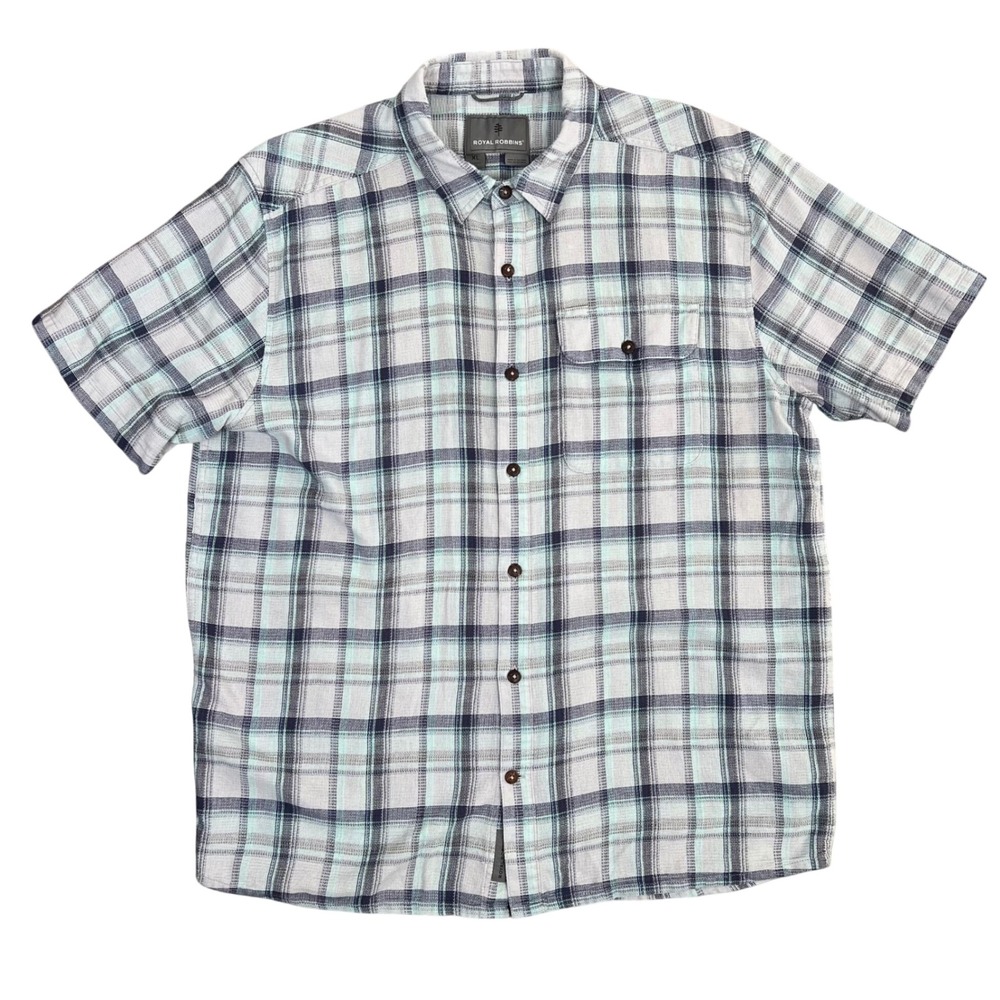 Royal Robbins Mens XL Relaxed Fit Plaid Organic Cotton Button Up Shirt Coastal